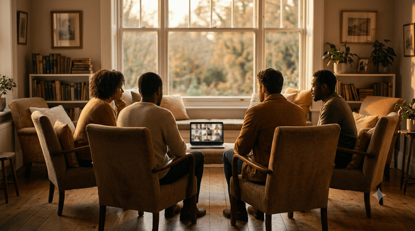 Personas de espaldas en una reunión online de Alcohólicos Anónimos