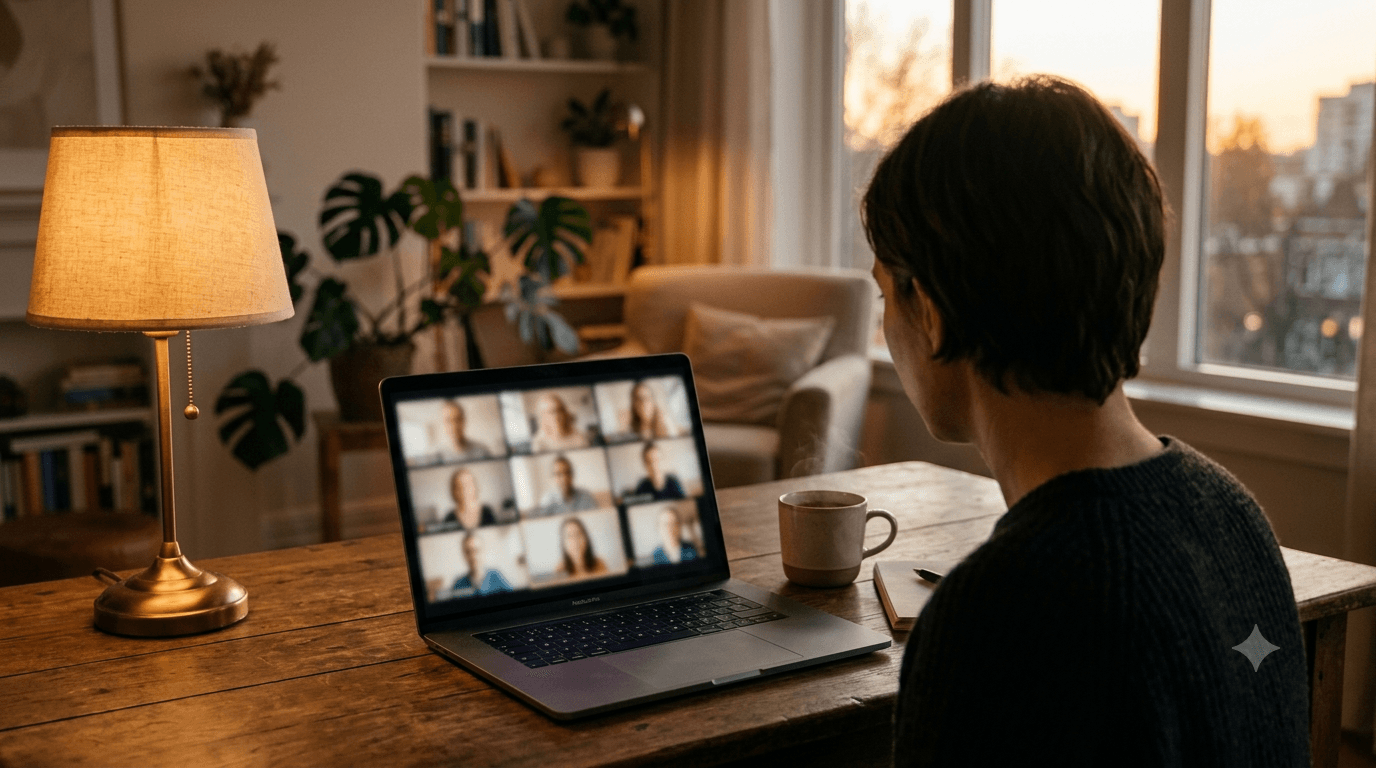 Persona conectada a una reunión virtual de AA desde casa