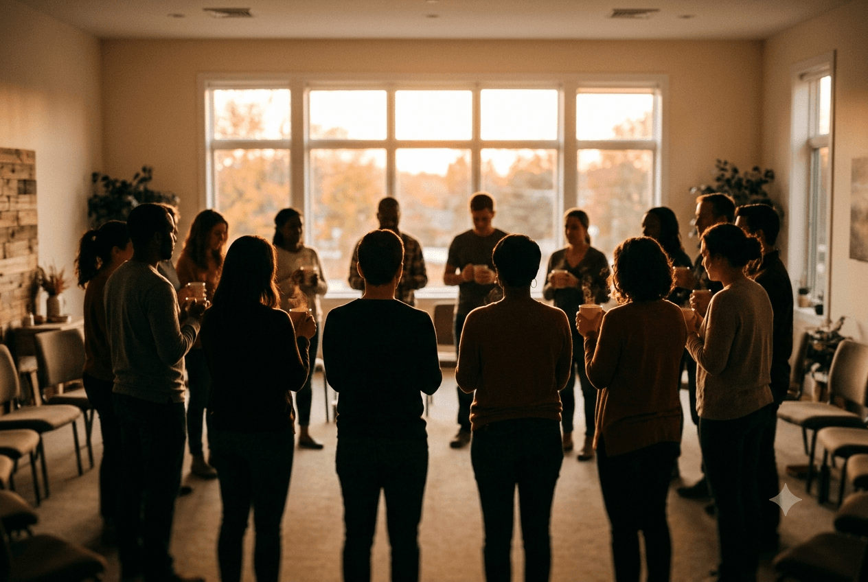 Grupo de personas reunidas en círculo apoyándose mutuamente