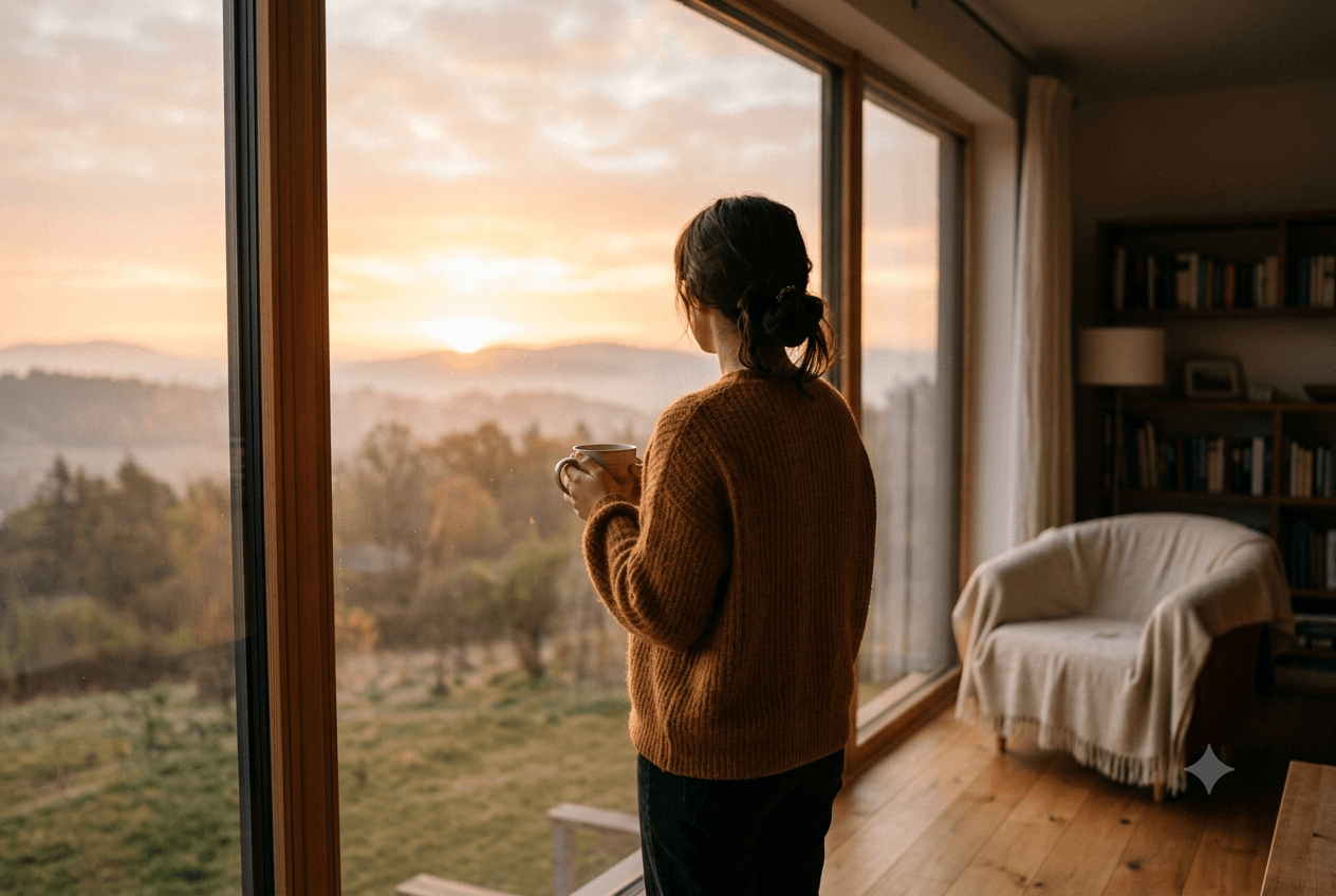 Persona contemplando el amanecer con una taza en las manos
